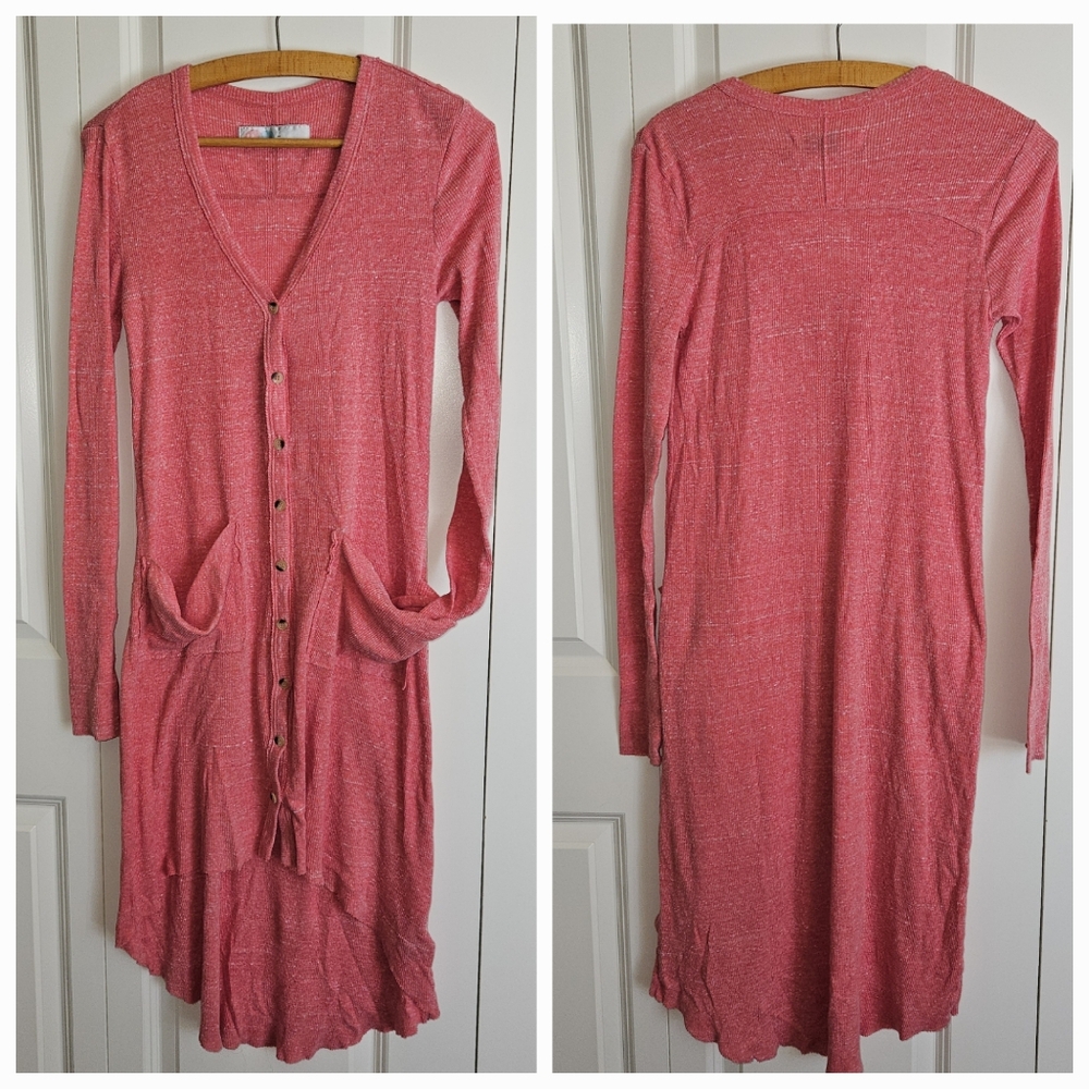 Free People FP Beach Bonita Pink/Coral Ribbed Cardigan Dress Cover-Up Hi Lo Hem